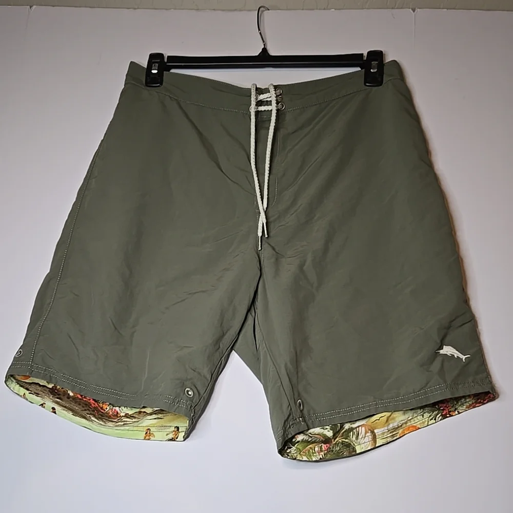 Tommy Bahama Reversible Board Swim Shorts Pocket Tropical Beach Active Green 9